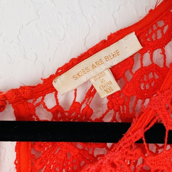 Skies Are Blue Dress XS Red Crochet Lace Mini Sleeveless Summer Colorful Preppy - Picture 3 of 10